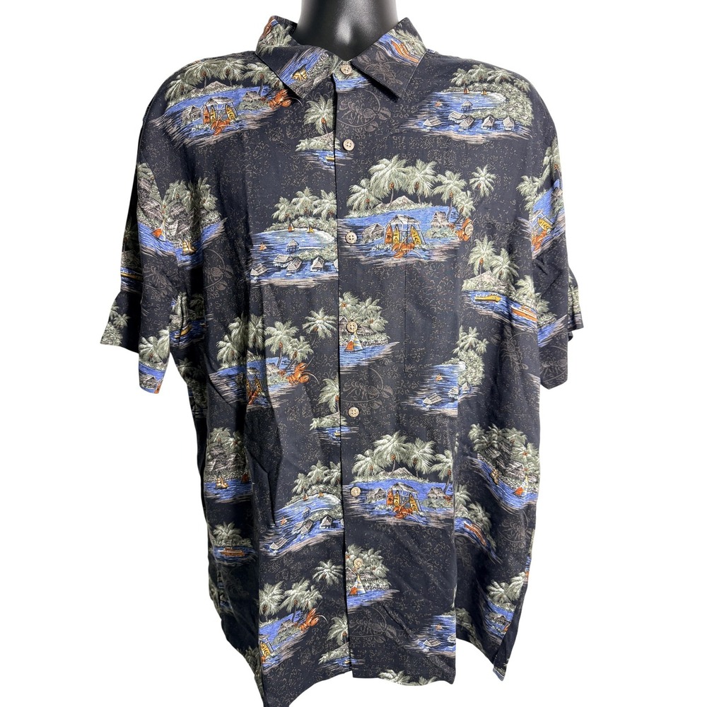 Back Bay Shirt Mens XL Black Hawaiian Tropical Rayon‎ Short Sleeve Button Up